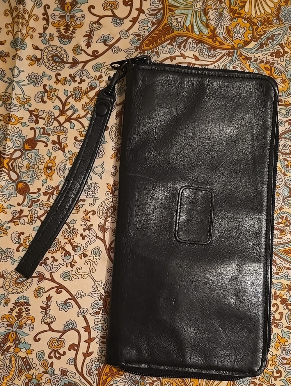 Vtg Bugatti Passport Travel Black Leather Zip-Around Wristlet Wallet with Strap